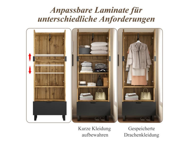 Armoire compacte: 1 tiroir, étagères réglables et barre à vêtements – rangement pratique - Conforama D