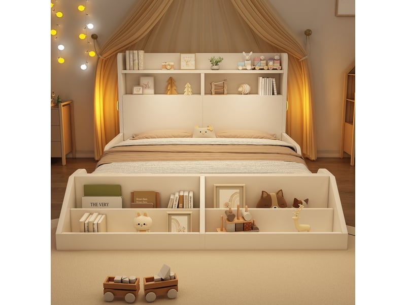  Lit enfant 140x200 cm en bois avec étagères, veilleuses magnétiques et bibliothèque amovible, lit adolescent avec sommier - blanc (sans matelas)  - Conforama C