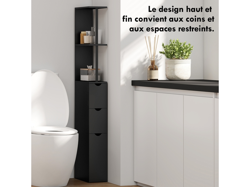  Colonne de salle de bain 2 étagères 1 placard 2 tiroirs mdf noir 15 x 33 x 136,8 cm  - Conforama E