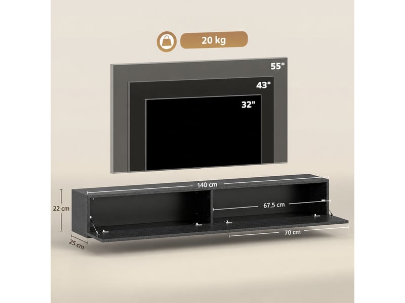 Meuble tv suspendu avec 2 portes abattantes cannelées, mdf mélaminé, passe-câbles, noir, 140 x 25 x 22 cm - Conforama C