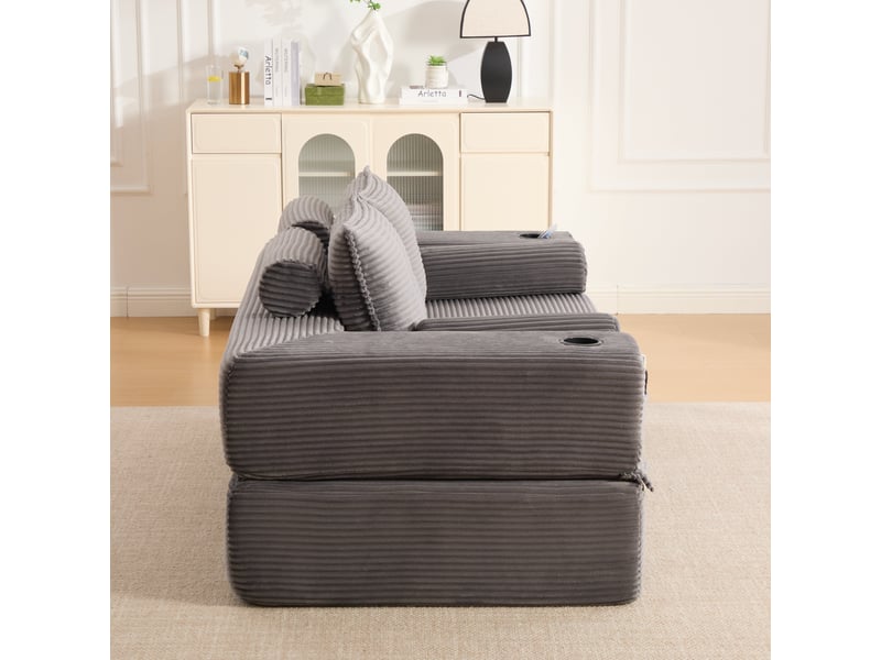  Canapé convertible 2 places en velours côtelé gris foncé avec tiroir de rangement intégré sous l'assise  - Conforama R