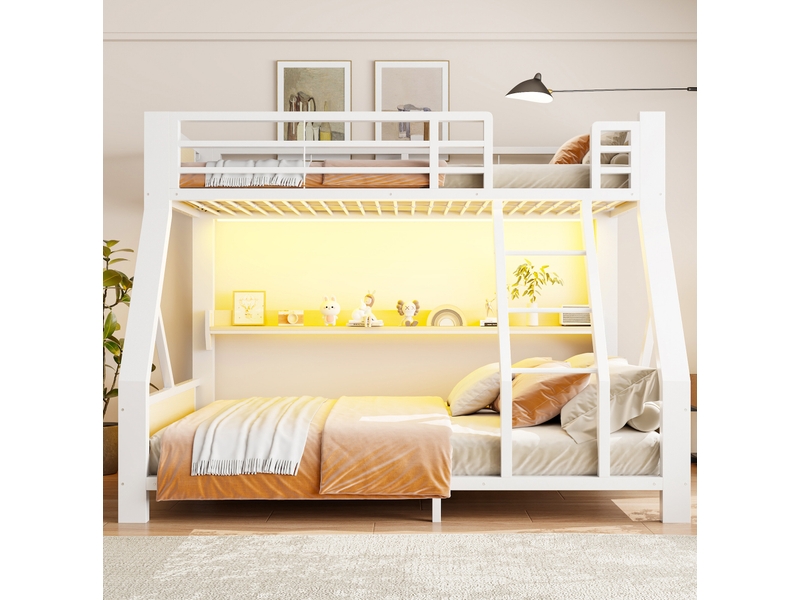  Lit superposé 90x200 cm et 140x200 cm avec led et étagère blanc, sans matelas  - Conforama B
