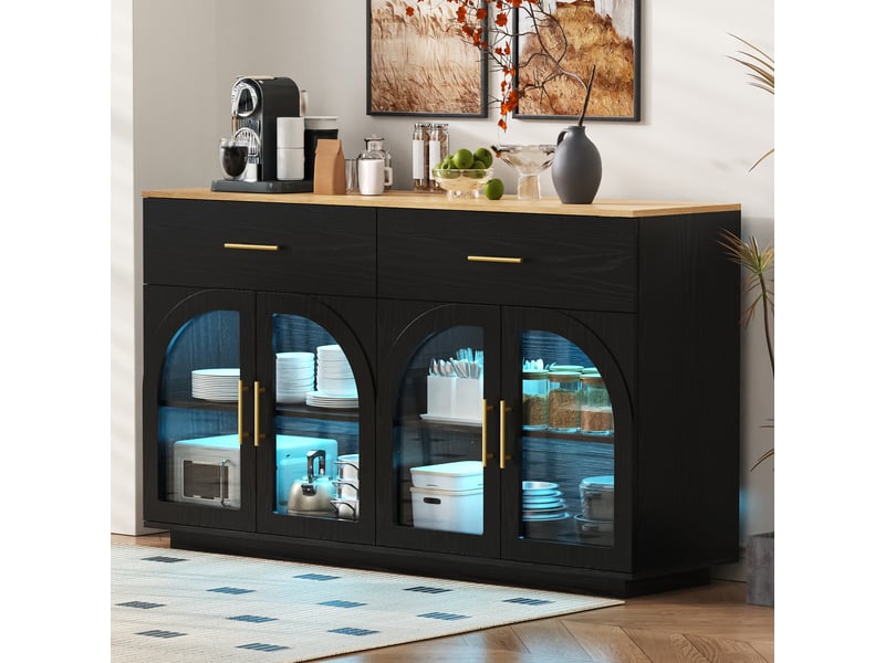  Buffet de cuisine 147 x 40 x 86 cm avec éclairage led, 2 tiroirs, 4 portes et étagères, noir et bois naturel, en mdf  - Conforama D