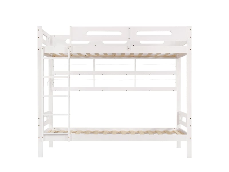  Lit superposé pour enfant avec barrière de sécurité, étagère ouverte, échelle à cinq marches, grand espace de rangement, pin et mdf, blanc, 90 x 200 cm  - Conforama D