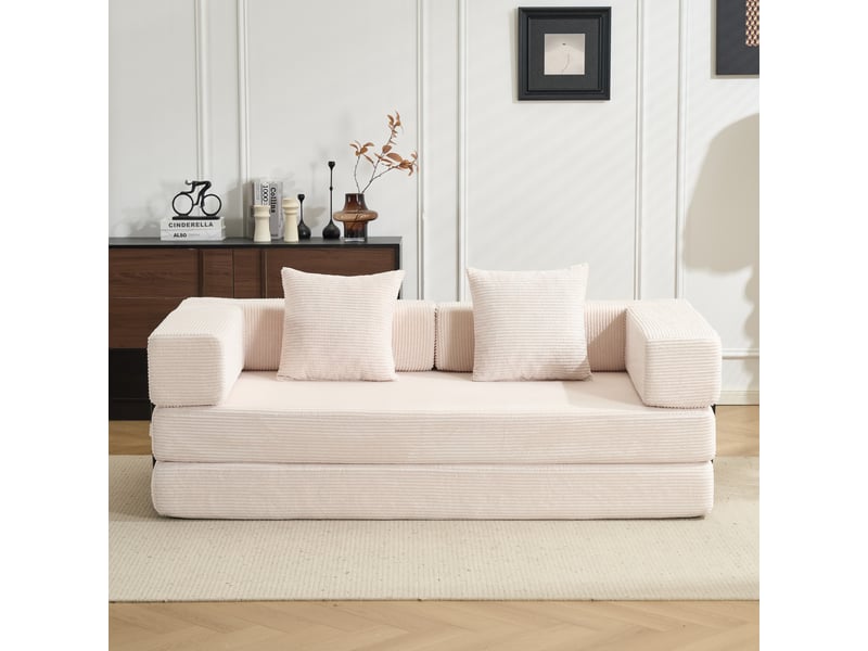  Canapé convertible au sol 2 places en velours côtelé blanc, canapé-lit pliable avec accoudoirs rabattables pour salon et chambre  - Conforama W