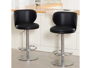 Tabouret de bar pivotant et réglable en cuir noir, pied en acier inoxydable
