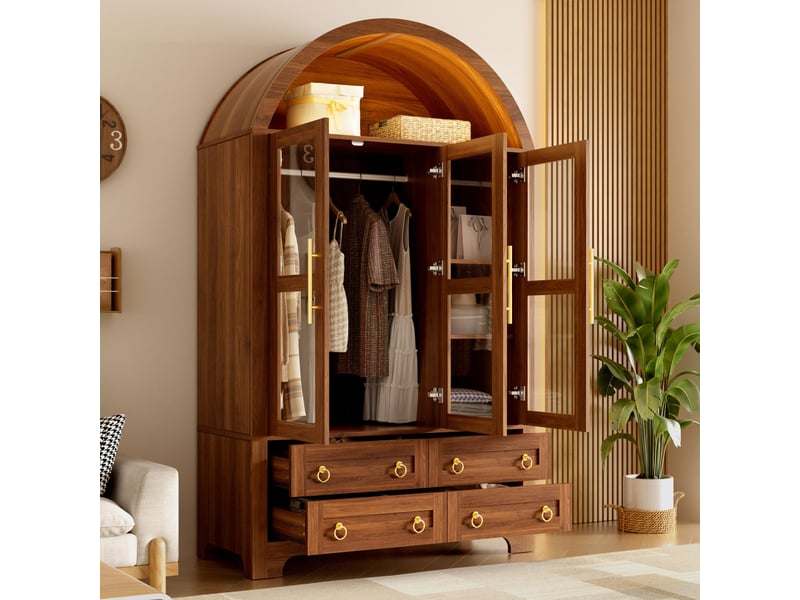  Armoire à 3 portes vitrées et 4 tiroirs, 110 x 50 x 186 cm, avec éclairage led, tringle intégrée et étagères, couleur noyer  - Conforama D