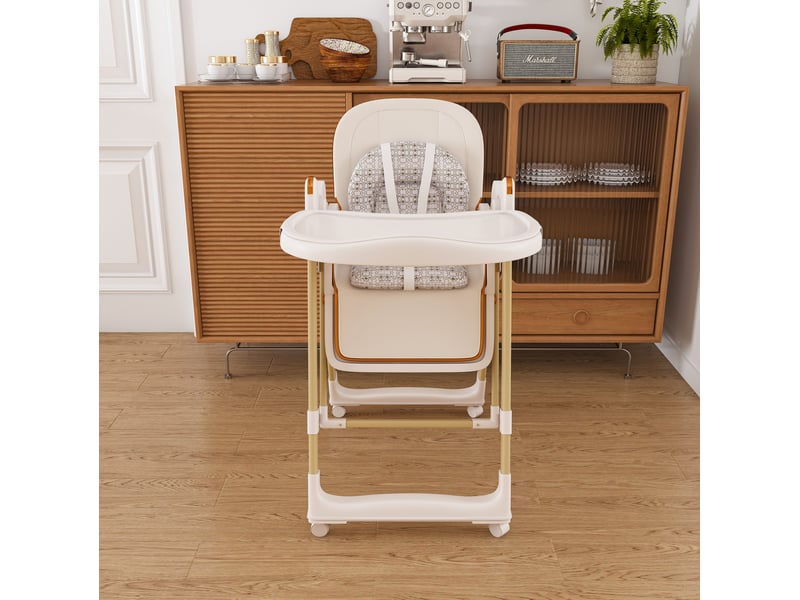  Chaise haute bébé tcqpz 2 en 1 avec fonction transat pliable réglable en hauteur plateau amovible harnais 5 points roulettes verrouillables 59 x 76 x 96 cm polypropylène blanc  - Conforama E