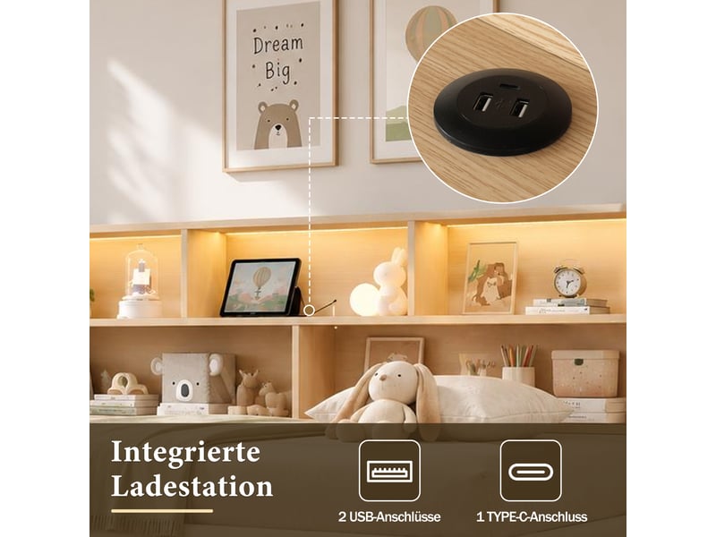 Lit gigogne 90x200 cm lit banquette extensible 180 cm avec 2 tiroirs, usb et led, velours beige ABC - Conforama D