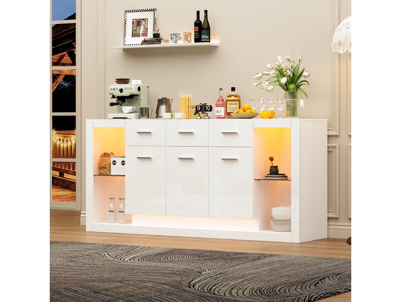  Meuble tv 160 x 40 x 75 cm blanc avec éclairage led, 3 tiroirs, 3 portes et 14 compartiments  - Conforama B