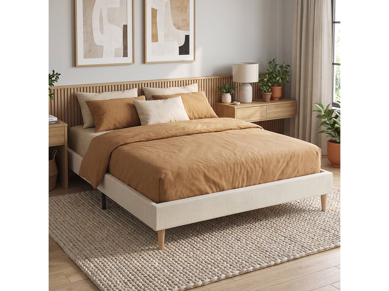  Lit double sommier design scandinave velours côtelé - compatible matelas 200x160cm - beige  - Conforama E
