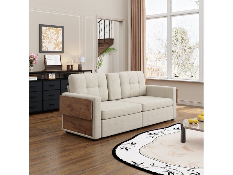  Canapé droit 2 places avec deux tiroirs, tablettes réglables et porte-gobelets, en chenille beige  - Conforama D