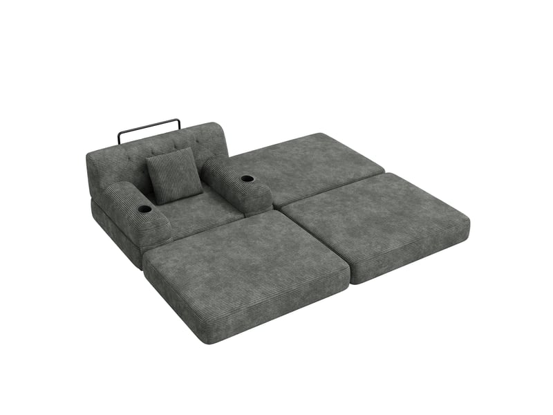 Fauteuil-lit 1 place avec pouf, velours côtelé gris foncé, dossier haut inclinable, cadre métal, mousse haute densité, rangement et porte-gobelets - Conforama E