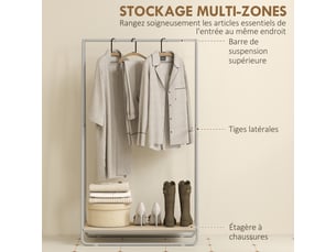 Portant à vêtement 3 en 1, portemanteau avec porte-chaussures, gris, tringles supérieures et latérales