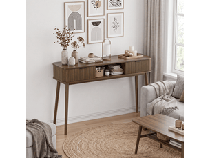 Console style mid-century aspect noyer avec 2 tiroirs et niche ouverte, 120 x 35 x 77,6 cm