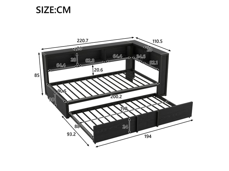 Lit gigogne 90x200 cm, rangements intégrés, led, prises et usb, métal noir, sans matelas - Conforama C
