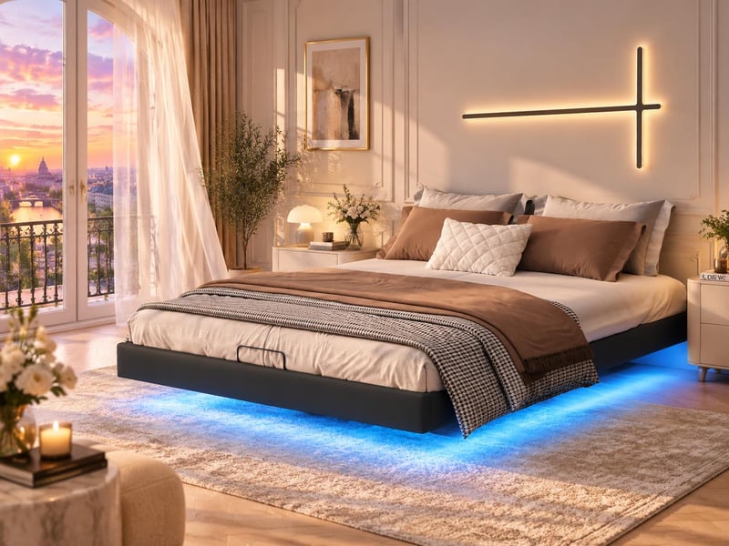 Lit coffre 160x200 cm - led intégrée - cadre de lit pu sans tête - rangement hydraulique - sommier à lattes - Conforama B