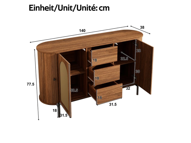 Buffet ovale 140 cm avec portes coulissantes et 3 tiroirs, finition noyer - Conforama E