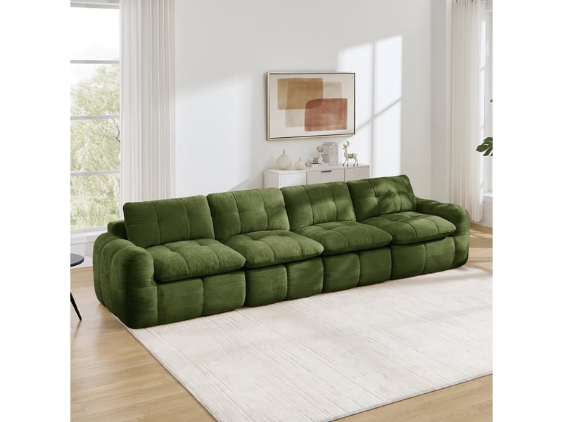 Canapé 4 places - 334 x 97 x 68 cm - canapé modulable en chenille avec assise profonde et coussins - vert - Conforama C