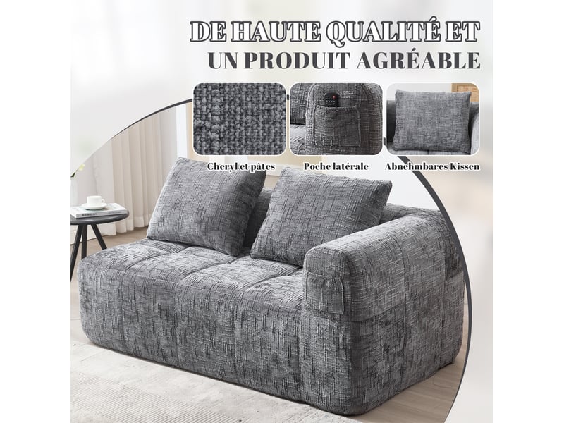 Canapé droit 2 places en chenille grise 158 x 90 x 60 cm, avec coussin et poches latérales, pour salon 158x90x60cm - Conforama D
