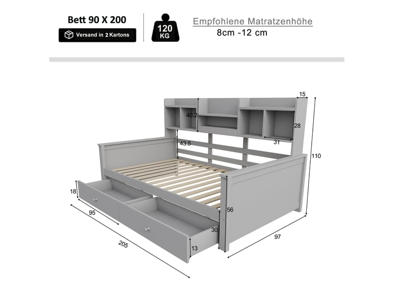  Lit banquette 90 × 200 cm 1 place avec 2 tiroirs de rangement et étagères latérales, sans matelas, gris  - Conforama D