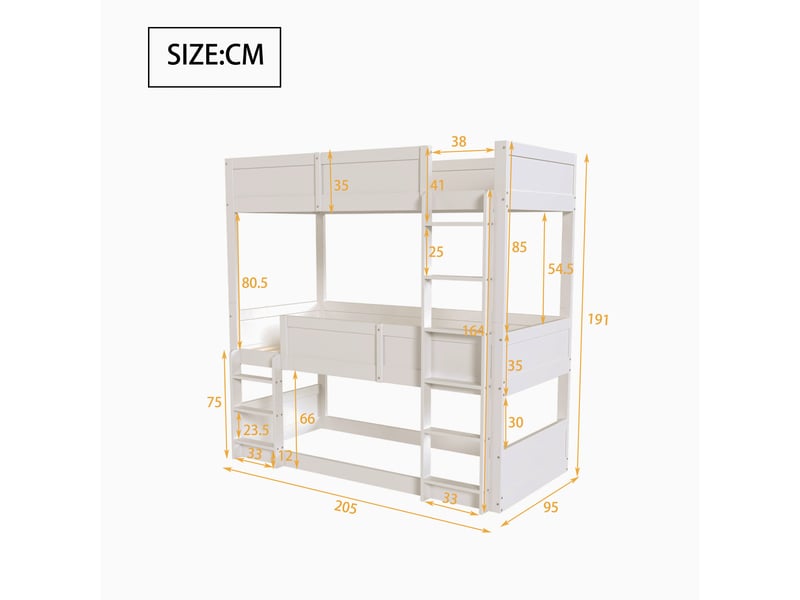 Lit superposé triple 90x200 cm modulable, lit enfant en bois massif blanc avec barrières de sécurité et sommiers à lattes. - Conforama R