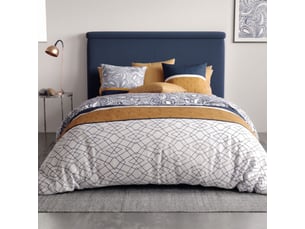 Parure housse de couette 240x220cm + 2 taies motif graphique bleu, ocre et blanc 100% coton - siloe