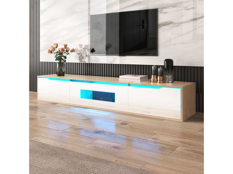  Meuble tv design 180 cm blanc et bois - led multicolore, style moderne  - Conforama D