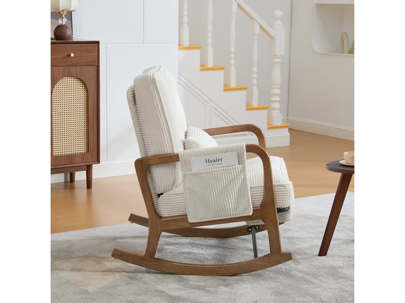  Fauteuil à bascule avec repose-pieds, fauteuil d'allaitement velours côtelé beige, dossier réglable, coussin lombaire, 70x80x92cm  - Conforama R