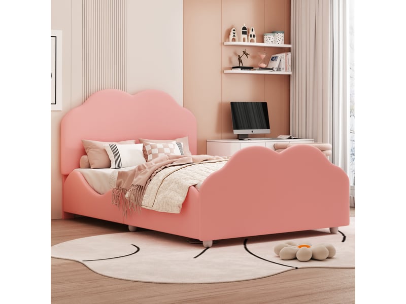 Lit enfant 90x200 forme nuage - velours rose avec barrière de sécurité - sommier inclus  - Conforama B