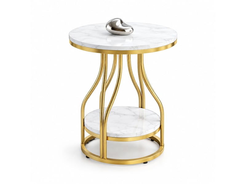  Bout de canapé rond à 2 niveaux effet marbre blanc et métal doré  - Conforama A