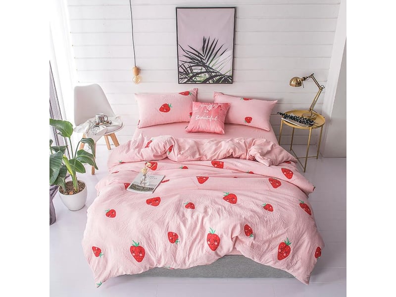  Drap-housse - taie d'oreiller - housse de couette - 150x210 cm - polyester - imprimé fraise - pour lit 1,50 m - lot de 3 pièces  - Conforama C