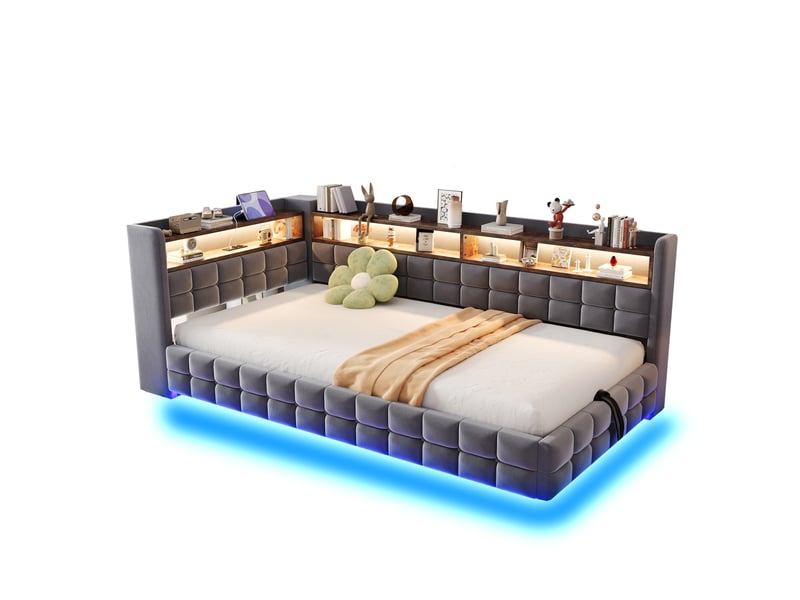  Lit banquette simple 200x90 cm en velours avec coffre hydraulique, prises usb, led et étagères, sans matelas, gris  - Conforama A