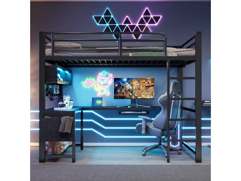  Lit mezzanine 140x200 cm avec éclairage led et ports usb et usb-c en métal, mdf, noir  - Conforama E