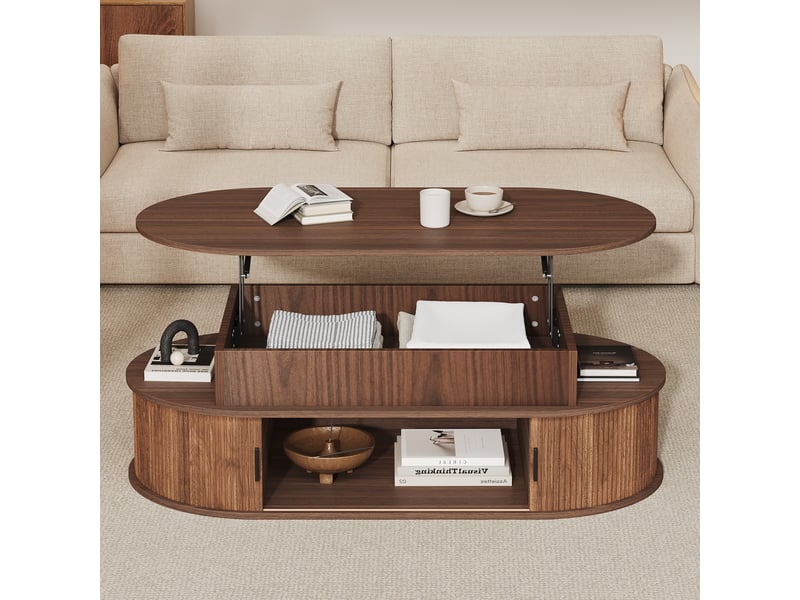 Table basse ovale relevable 100x50x40cm, hauteur réglable jusqu'à 55cm, grand rangement à volets et mécanisme hydraulique, effet noyer evarich - Conforama E
