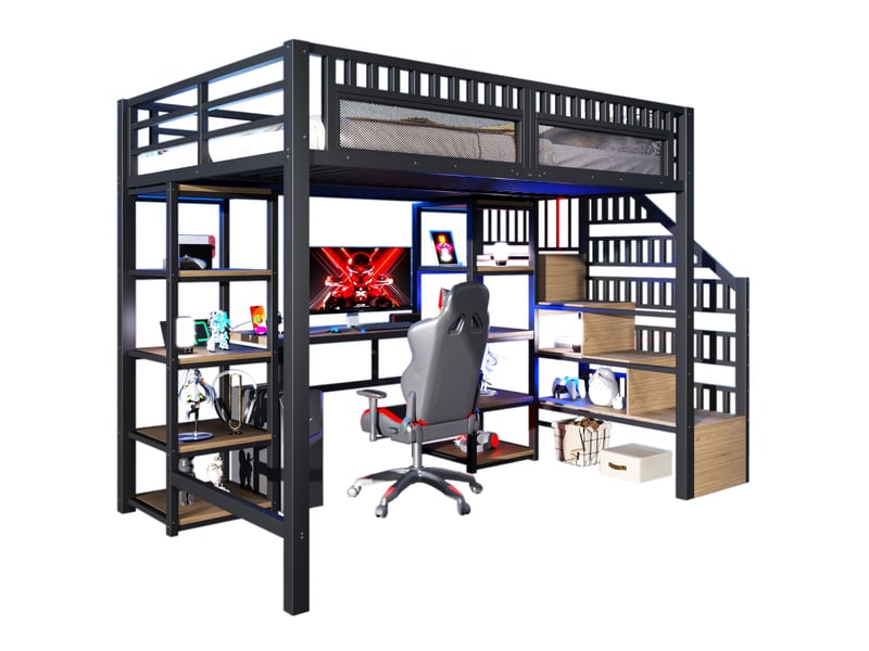 Lit mezzanine 140x200 cm avec bureau, rangements, led et usb noir  - Conforama A