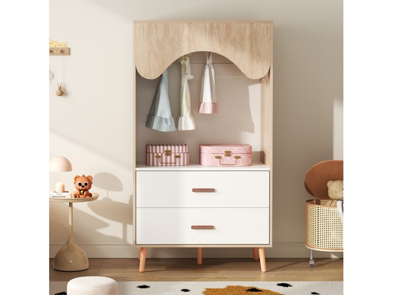  Armoire ouverte avec tringle et 2 tiroirs pour chambre d'enfant, en mdf blanc et bois naturel, 80 × 46 × 141,5 cm  - Conforama D