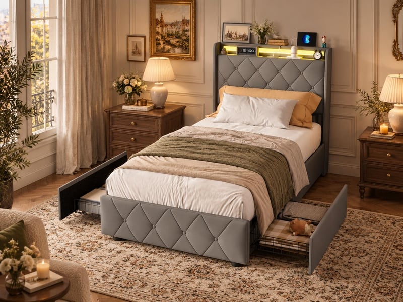  Lit 90x200 cm avec led, tête de lit avec étagère, lit capitonné pu gris, sommier à lattes inclus, style moderne  - Conforama B