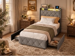 Lit 90x200 cm avec led, tête de lit avec étagère, lit capitonné pu gris, sommier à lattes inclus, style moderne
