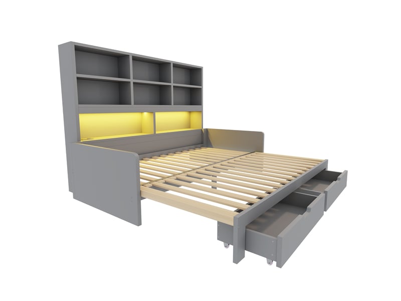 Lit banquette 90x200 cm extensible 180 cm avec rangement led et prises, mdf gris, sans matelas - Conforama D