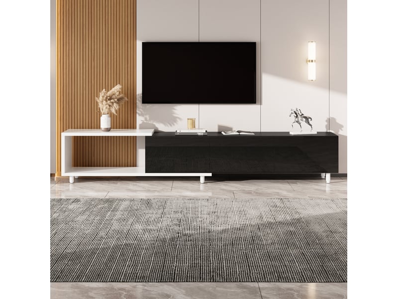  Meuble tv extensible 258 x 38 x 48,5 cm, 3 portes brillantes, noir et blanc  - Conforama B