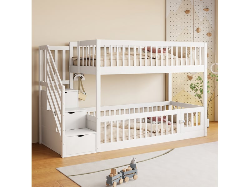Lit superposé enfant 90x200 cm avec escalier de rangement et barrières blanc - Conforama B