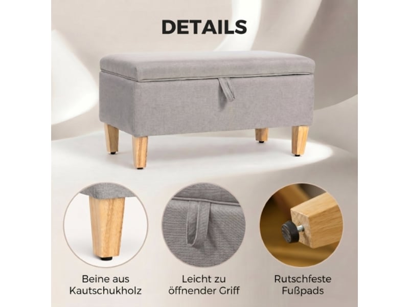  Banc coffre gris clair rembourré aspect lin, pieds en bois d’hévéa, rangement pratique  - Conforama B