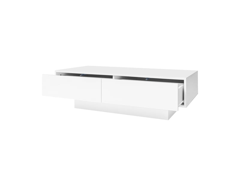  Table basse blanche brillante avec éclairage led et 2 tiroirs, 115x55x34 cm, panneaux de particules, blanc  - Conforama W