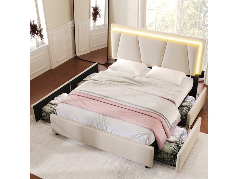  Lit 2 places 160x200 cm avec 4 tiroirs, led et tête de lit ajustable, lit double rembourré avec sommier à lattes - beige (sans matelas)  - Conforama B