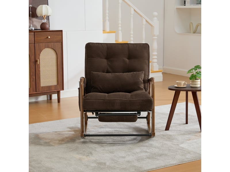  Fauteuil à bascule moderne en velours côtelé marron avec repose-pieds et coussin lombaire  - Conforama B