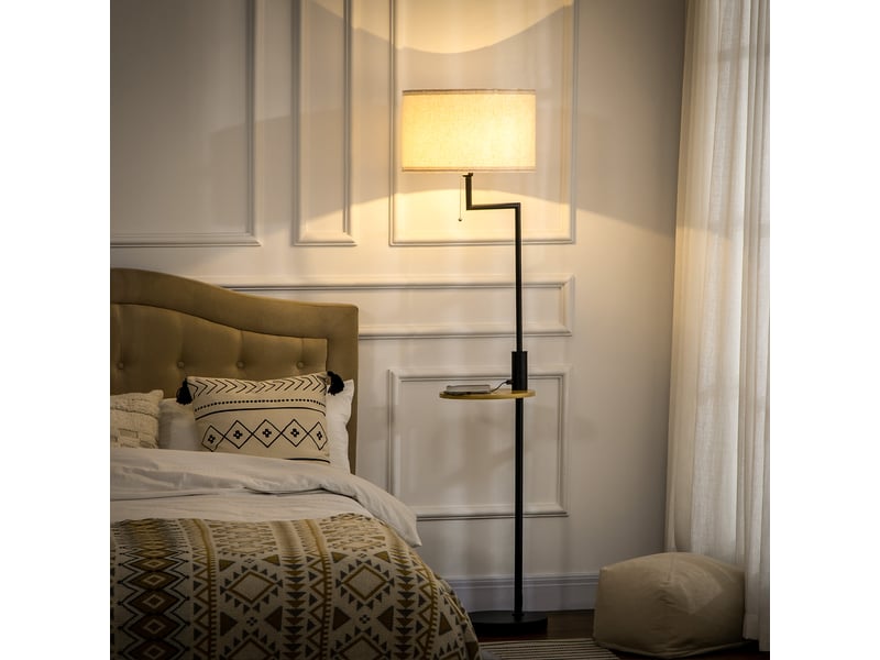  Lampadaire avec table d'appoint et abat-jour en lin, interrupteur à chaînette et port de chargement usb ø40x170 cm naturel  - Conforama D