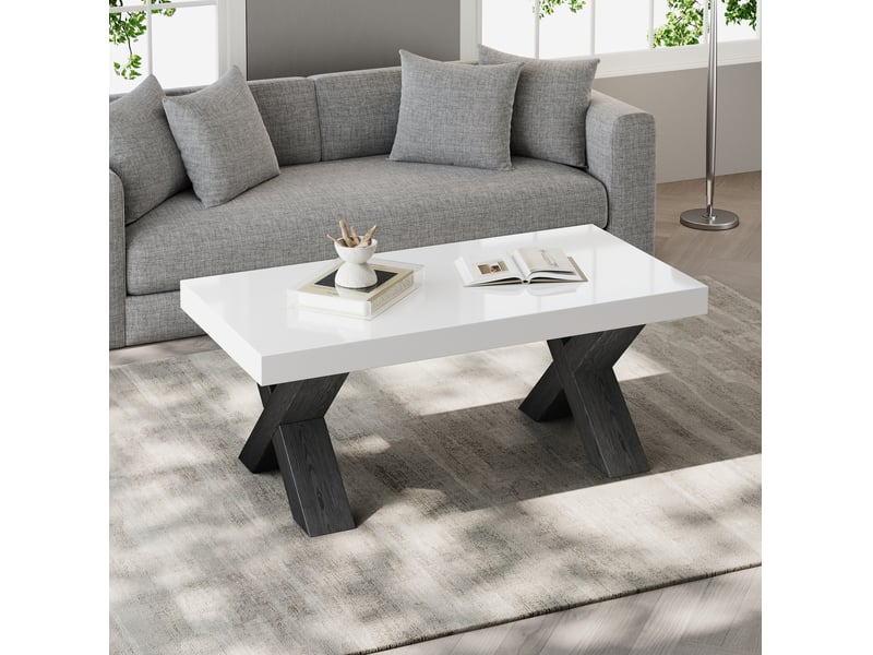  Table basse rectangulaire 100x50x40 cm à pieds en x, mdf blanc et noir  - Conforama C