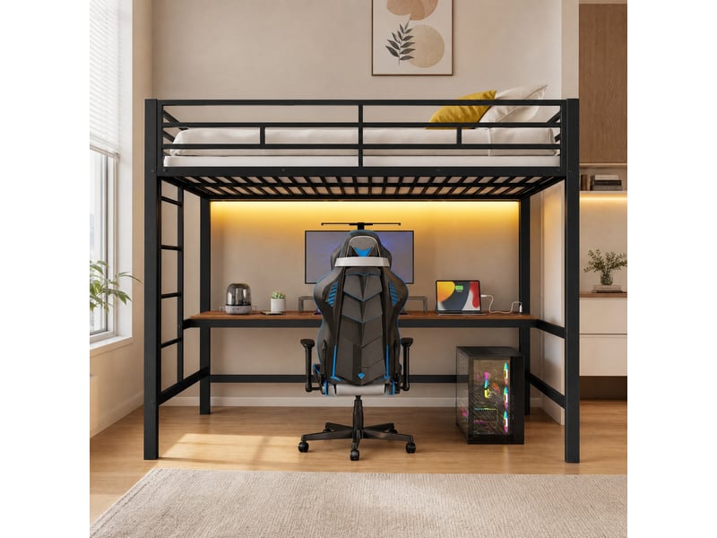 Lit mezzanine enfant 200×90 cm avec bureau, éclairage led et prises usb et usb-c, sans matelas, en métal noir - Conforama B