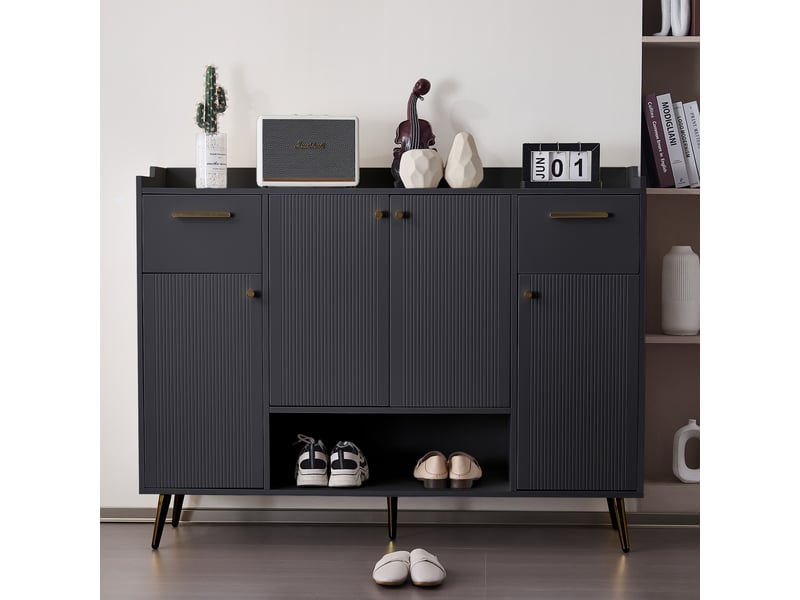 Meuble à chaussures avec 4 portes, 2 tiroirs et 1 niche ouverte, pieds hauts, pour entrée, noir, 130 × 37 × 100 cm - Conforama D